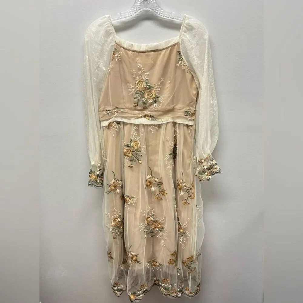 Maizishule Beige Floral Embroidered Midi Dress | Boho Sheer Long Sleeve Size L - Picture 12 of 16